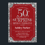 Invitación Surprise 50th Birthday Party - Silver Red<br><div class="desc">Sorpresa 50.ª Invitación a la celebración de cumpleaños. Elegante diseño elegante en tonos rojos oscuros y purpurinas falsos de plata. Presenta una fuente de script elegante. Mándame un mensaje si necesitas más personalización.</div>