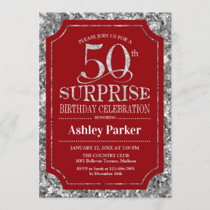 Invitación Surprise 50th Birthday Party - Silver Red