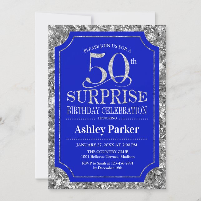 Invitación Surprise 50th Birthday Party - Silver Royal Blue (Anverso)