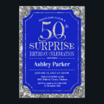Invitación Surprise 50th Birthday Party - Silver Royal Blue<br><div class="desc">Sorpresa 50.ª Invitación a la celebración de cumpleaños. Elegante diseño elegante en azul real y falso purpurina plateado. Presenta una fuente de script elegante. Mándame un mensaje si necesitas más personalización.</div>