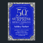 Invitación Surprise 50th Birthday Party - Silver Royal Blue<br><div class="desc">Sorpresa 50.ª Invitación a la celebración de cumpleaños. Elegante diseño elegante en azul real y falso purpurina plateado. Presenta una fuente de script elegante. Mándame un mensaje si necesitas más personalización.</div>