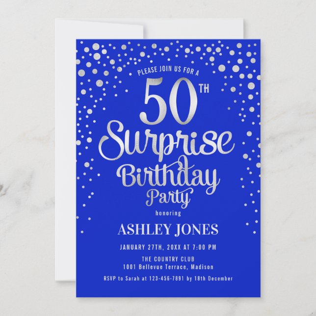 Invitación Surprise 50th Birthday Party - Silver & Royal Blue (Anverso)