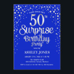 Invitación Surprise 50th Birthday Party - Silver & Royal Blue<br><div class="desc">Sorpresa 50.ª Invitación de fiesta de cumpleaños. Elegante diseño en azul real y purpurina falso plateado. Presenta un diseño elegante de tipo de letra y letra de guión. Mándame un mensaje si necesitas edad personalizado.</div>