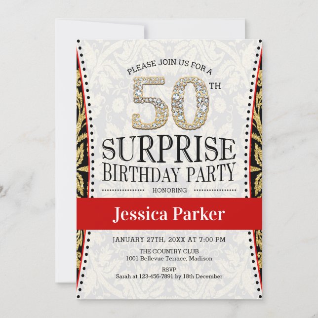 Invitación Surprise 50th Birthday Party - White Gold Red (Anverso)