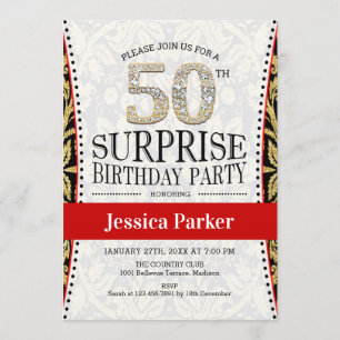Invitación Surprise 50th Birthday Party - White Gold Red