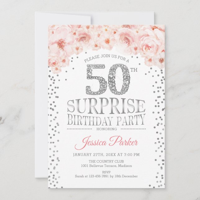 Invitación Surprise 50th Birthday Party - White Silver Pink (Anverso)