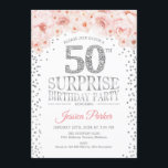 Invitación Surprise 50th Birthday Party - White Silver Pink<br><div class="desc">Sorpresa 50.ª Invitación de fiesta de cumpleaños. Elegante diseño en falso purpurina plateado,  blanco y rosa. Incluye confetti,  letra de guión y flores color de agua rosa rubor. Mándame un mensaje si necesitas más personalización.</div>