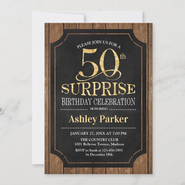 Invitación Surprise 50th Birthday Party - Wood Gold (Anverso)
