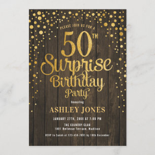 Invitación Surprise 50th Birthday Party - Wood & Gold