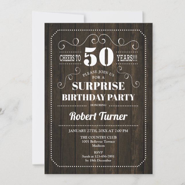 Invitación Surprise 50th Birthday - Patrón de madera (Anverso)