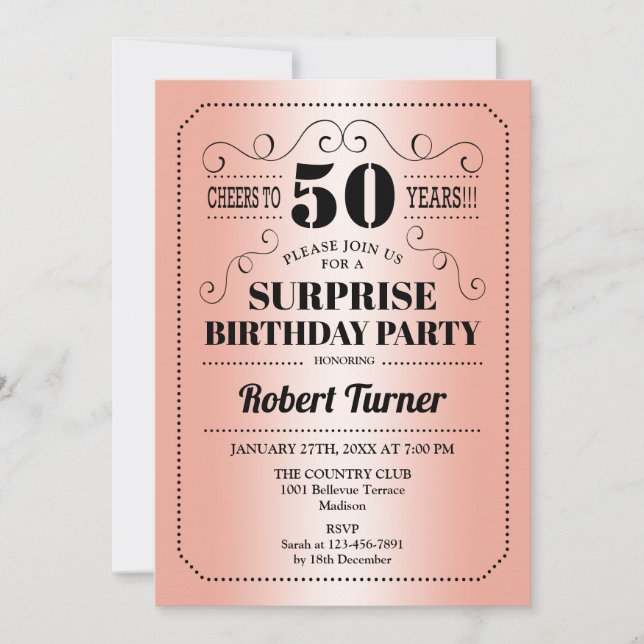 Invitación Surprise 50th Birthday - Rosa Gold Black (Anverso)