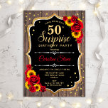 Invitación Surprise 50th Birthday - Rústicos Sunflowers<br><div class="desc">Sorpresa Invitación a los 50 Años. Diseño femenino rústico, blanco, rojo y negro con el oro falso purpurina. Presenta un patrón de madera, rosas rojas, girasoles, fuente de escritura y confeti. Perfecto para una elegante fiesta de cumpleaños. Se puede personalizar para mostrar cualquier edad. Mándame un mensaje si necesitas más...</div>