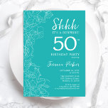 Invitación Surprise 50th Birthday - Turquoise floral<br><div class="desc">Invitación a los 50 Años Turquesa Floral Sorpresa. El diseño femenino moderno minimalista presenta acentos botánicos y tipografía. Sencilla tarjeta de invitación floral perfecta para una elegante celebración de cumpleaños sorpresa femenina.</div>