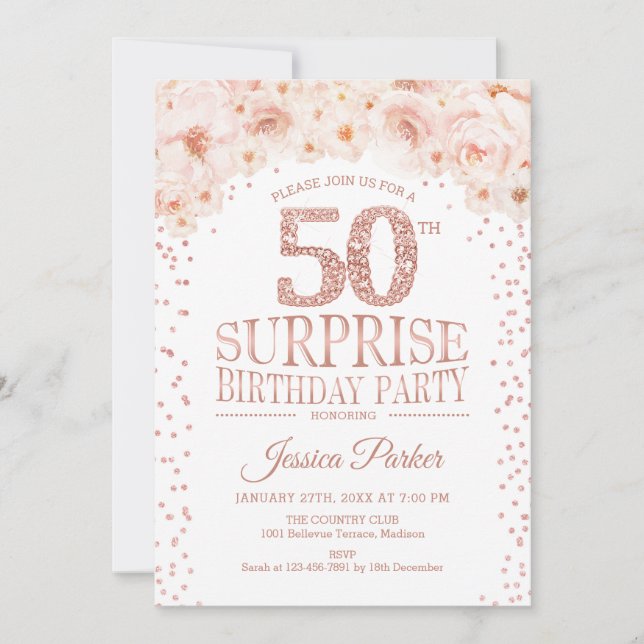 Invitación Surprise 50th Cumpleaños Party - White Rose Gold (Anverso)