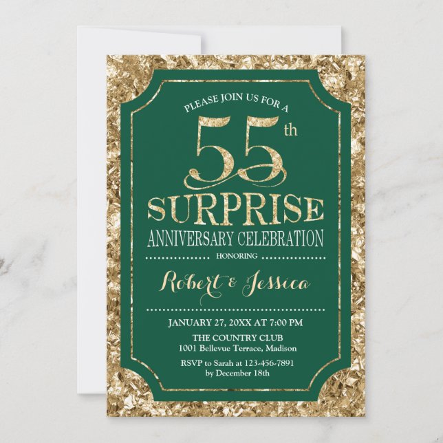 Invitación Surprise 55th Aniversario Boda - Oro Verde (Anverso)
