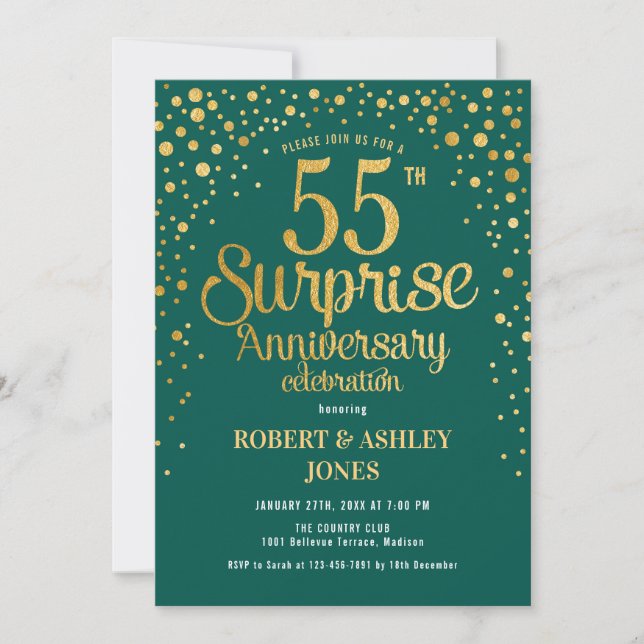 Invitación Surprise 55th Aniversario Boda - Verde y Oro (Anverso)
