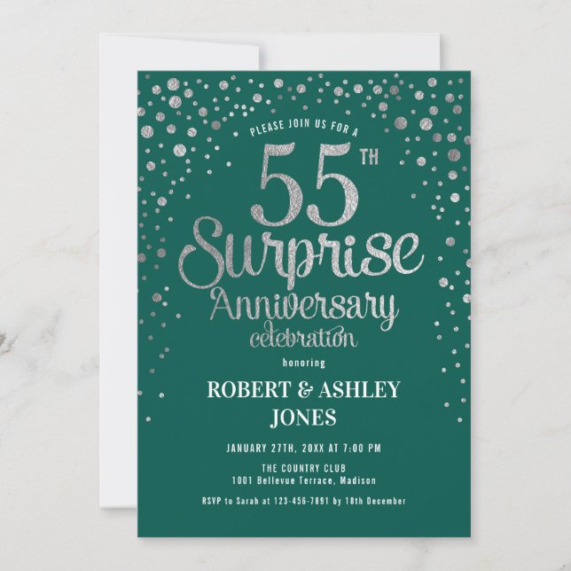 Invitación Surprise 55th Aniversario Boda - Verde y Plata (Anverso)