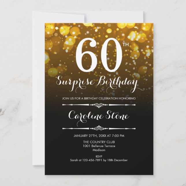 Invitación Surprise 60th Birthday - Black Gold White (Anverso)