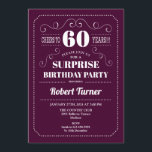 Invitación Surprise 60th Birthday - Borgoña<br><div class="desc">Sorpresa 60.ª Invitación de cumpleaños Elegante vino retro burdeos de marsala y diseño blanco. ¡Salud a 60 años! ¡Se puede personalizar para mostrar cualquier edad!</div>