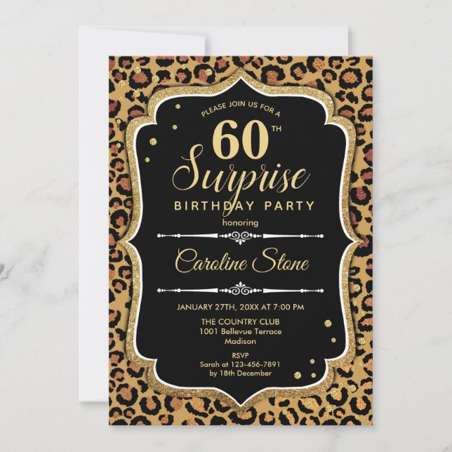 Invitación Surprise 60th Birthday - Leopard Black Gold (Anverso)