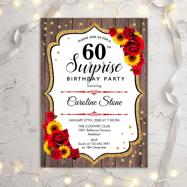 Invitación Surprise 60th Birthday - Madera Rústica Sunflowers (Subido por el creador)