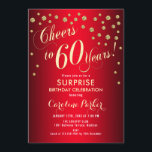 Invitación Surprise 60th Birthday Party<br><div class="desc">Sorpresa 60th Birthday Party Invitation Elegante diseño en rojo con falso patrón oro purpurina. Presenta el tipo de letra del guión y el perfil. ¡Salud a 60 años! Mándame un mensaje si necesitas una edad personalizado.</div>