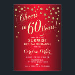 Invitación Surprise 60th Birthday Party<br><div class="desc">Sorpresa 60th Birthday Party Invitation Elegante diseño en rojo con falso patrón oro purpurina. Presenta el tipo de letra del guión y el perfil. ¡Salud a 60 años! Mándame un mensaje si necesitas una edad personalizado.</div>