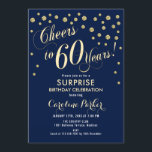 Invitación Surprise 60th Birthday Party<br><div class="desc">Sorpresa 60th Birthday Party Invitation Elegante diseño con falso oro purpurina y azul marino. Presenta el tipo de letra del guión y el perfil. ¡Salud a 60 años! Mándame un mensaje si necesitas una edad personalizado.</div>