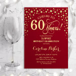 Invitación Surprise 60th Birthday Party<br><div class="desc">Sorpresa 60.ª Invitación a la fiesta de cumpleaños. Elegante diseño de color rojo oscuro y falso oro purpurina. Presenta el tipo de letra de guión y los diamantes confetti. ¡Salud a 60 años! Mándame un mensaje si necesitas más personalización.</div>