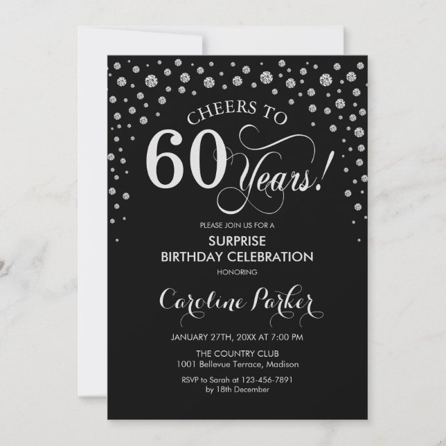 Invitación Surprise 60th Birthday Party - Black Silver (Anverso)