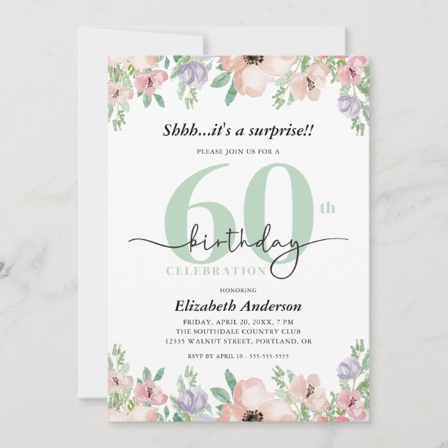 Invitación Surprise 60th Birthday Party Elegant Pastel Floral (Anverso)
