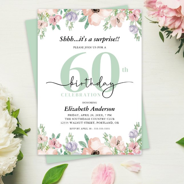 Invitación Surprise 60th Birthday Party Elegant Pastel Floral (Subido por el creador)