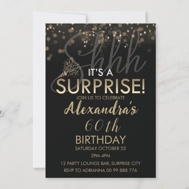 Invitación Surprise 60th Birthday Party for Women, Black (Anverso)