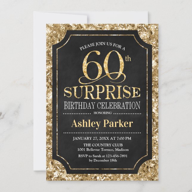 Invitación Surprise 60th Birthday Party - Gold Black (Anverso)