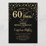 Invitación Surprise 60th Birthday Party - Gold Black<br><div class="desc">Sorpresa 60.ª Invitación a la fiesta de cumpleaños. Diseño elegante en oro negro y falso purpurina . Presenta el tipo de letra de guión y los diamantes confetti. ¡Salud a 60 años! Mándame un mensaje si necesitas más personalización.</div>