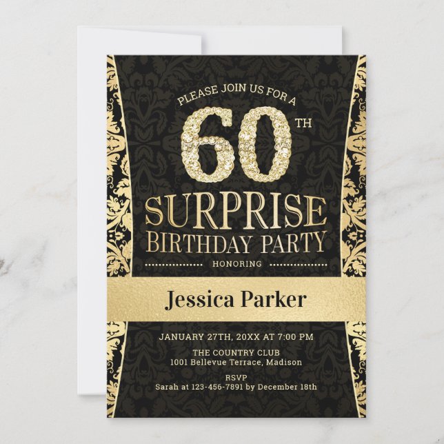 Invitación Surprise 60th Birthday Party - Gold Black (Anverso)