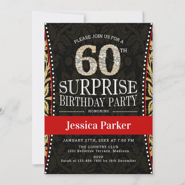 Invitación Surprise 60th Birthday Party - Gold Black Red (Anverso)