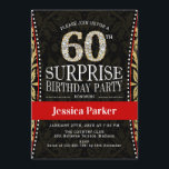 Invitación Surprise 60th Birthday Party - Gold Black Red<br><div class="desc">Sorpresa 60th Birthday Party Invitation Elegante diseño en falso oro purpurina,  negro y rojo.</div>