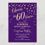 Invitación Surprise 60th Birthday Party - Gold Purple<br><div class="desc">Sorpresa 60th Birthday Party Invitation Elegante diseño con falso oro purpurina y morado. Presenta el tipo de letra del guión y el perfil. ¡Salud a 60 años! Mándame un mensaje si necesitas una edad personalizado.</div>