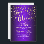 Invitación Surprise 60th Birthday Party - Gold Purple<br><div class="desc">Sorpresa 60.ª Invitación a la fiesta de cumpleaños. Elegante diseño con un falso oro purpurina y morado. Presenta el tipo de letra del guión y el perfil. ¡Salud a 60 años! Mándame un mensaje si necesitas una edad personalizado.</div>