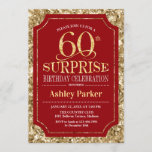 Invitación Surprise 60th Birthday Party - Gold Red<br><div class="desc">Invitación a la celebración de cumpleaños número 60. Elegante diseño elegante en tonos rojos oscuros y purpurinas falsos. Presenta una fuente de script elegante. Mándame un mensaje si necesitas más personalización.</div>