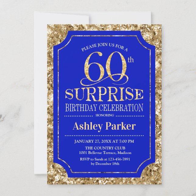 Invitación Surprise 60th Birthday Party - Gold Royal Blue (Anverso)