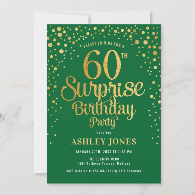 Invitación Surprise 60th Birthday Party - Green & Gold (Anverso)