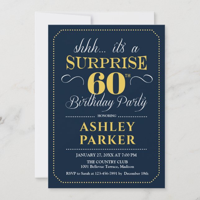 Invitación Surprise 60th Birthday Party - Navy Gold (Anverso)