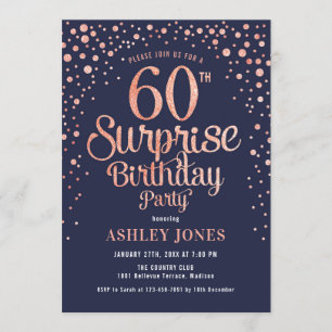 Invitación Surprise 60th Birthday Party - Navy & Rosa Gold