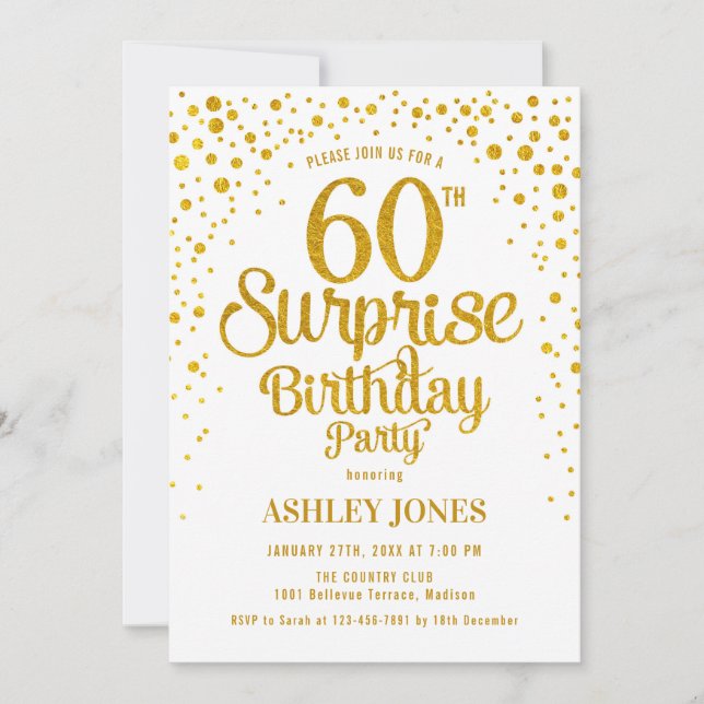 Invitación Surprise 60th Birthday Party - Oro y Blanco (Anverso)