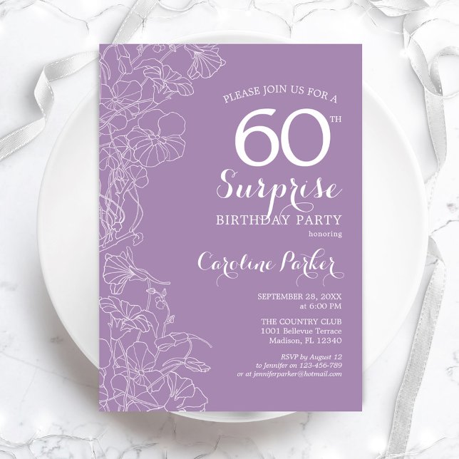 Invitación Surprise 60th Birthday Party - Purple Floral (Subido por el creador)