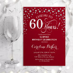 Invitación Surprise 60th Birthday Party - Red Silver<br><div class="desc">Sorpresa 60.ª Invitación a la fiesta de cumpleaños. Elegante diseño en rojo oscuro y purpurina falso plateado. Presenta el tipo de letra de guión y los diamantes confetti. ¡Salud a 60 años! Mándame un mensaje si necesitas más personalización.</div>
