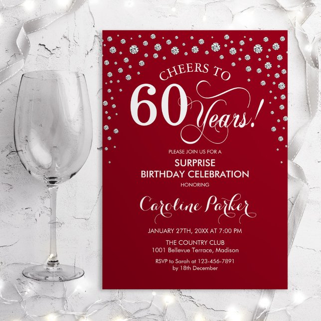 Invitación Surprise 60th Birthday Party - Red Silver (Subido por el creador)