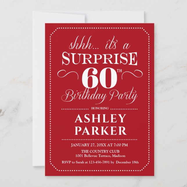Invitación Surprise 60th Birthday Party - Red White (Anverso)